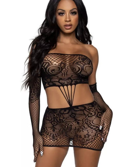 Leg Avenue juoda seksuali nėrinių suknelė ir pirštinės 86133
