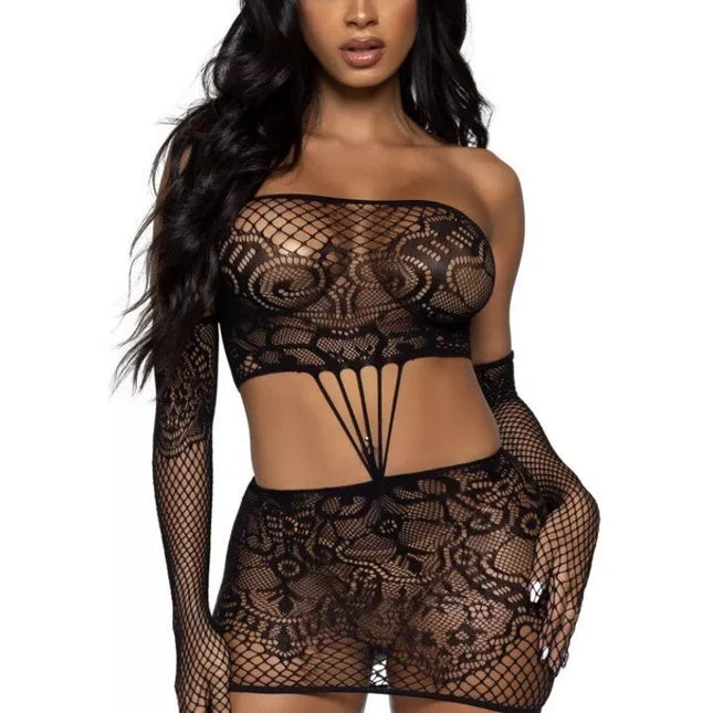 Leg Avenue juoda seksuali nėrinių suknelė ir pirštinės 86133