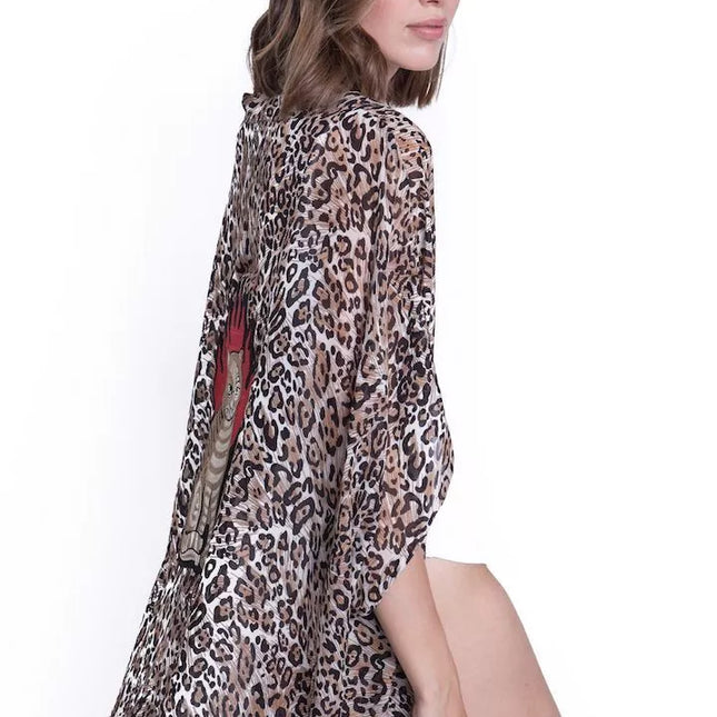 ShaSha leopardinio rašto paplūdimio kimono Burning cat