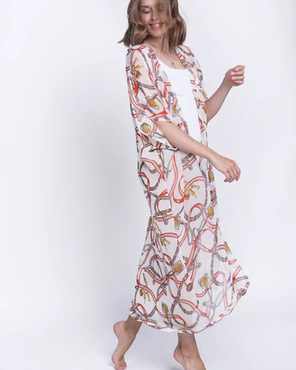 ShaSha baltas su raštais paplūdimio kimono Love and peace