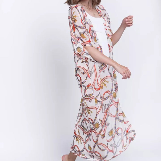 ShaSha baltas su raštais paplūdimio kimono Love and peace