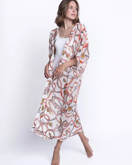 ShaSha baltas su raštais paplūdimio kimono Love and peace