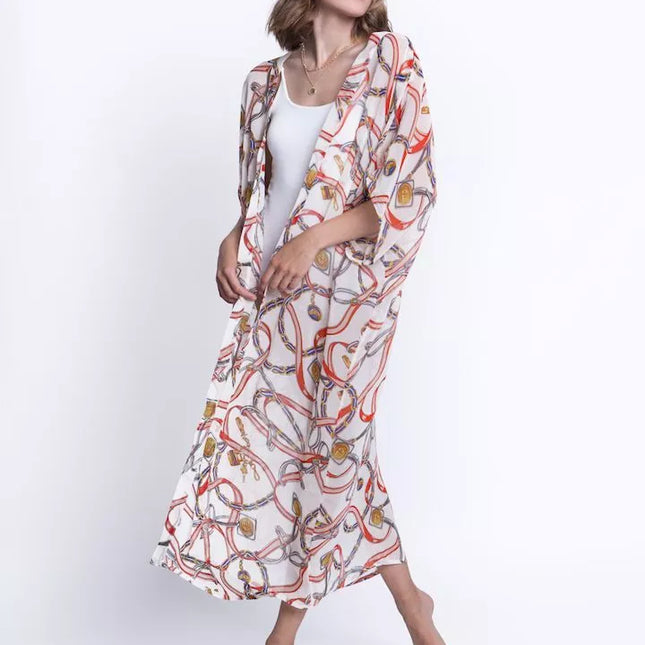 ShaSha baltas su raštais paplūdimio kimono Love and peace