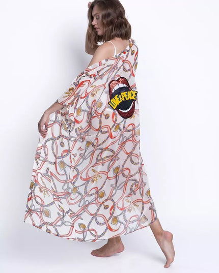 ShaSha baltas su raštais paplūdimio kimono Love and peace