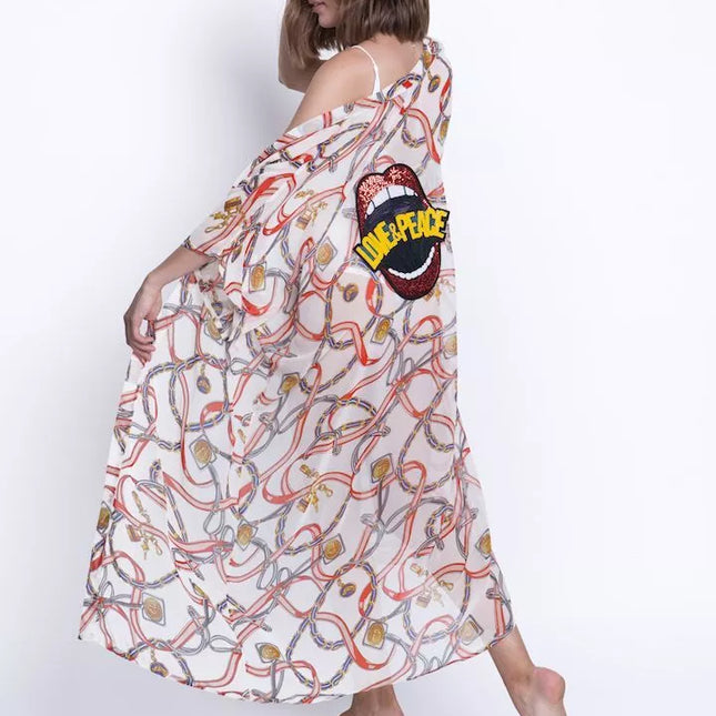 ShaSha baltas su raštais paplūdimio kimono Love and peace