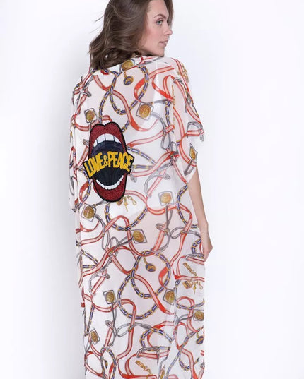 ShaSha baltas su raštais paplūdimio kimono Love and peace