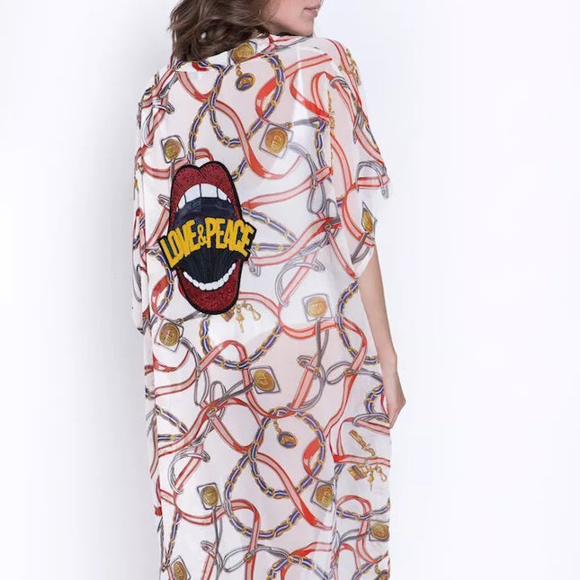 ShaSha baltas su raštais paplūdimio kimono Love and peace