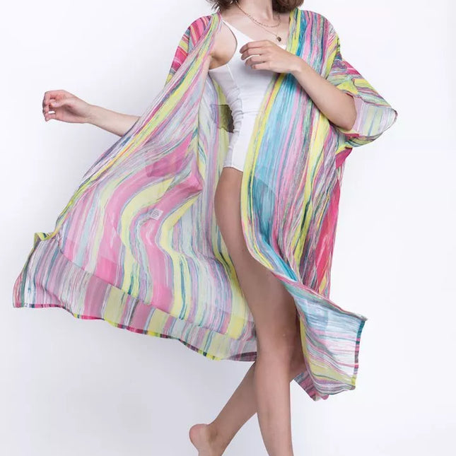 ShaSha dryžuotas paplūdimio kimono su aplikacija Pink wing