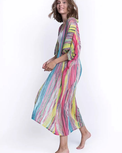 ShaSha dryžuotas paplūdimio kimono su aplikacija Pink wing