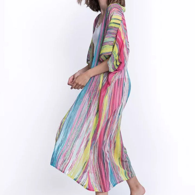 ShaSha dryžuotas paplūdimio kimono su aplikacija Pink wing