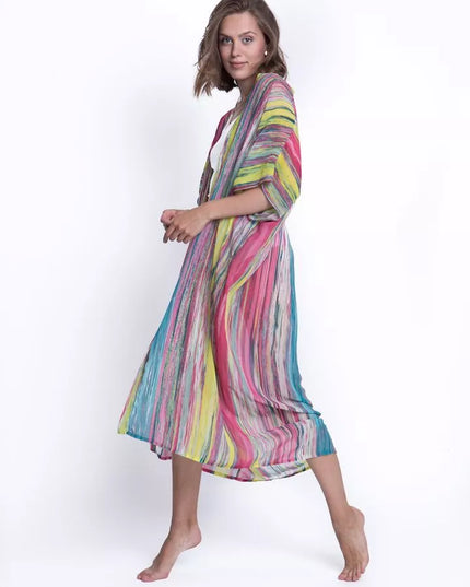 ShaSha dryžuotas paplūdimio kimono su aplikacija Pink wing