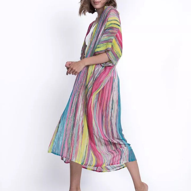 ShaSha dryžuotas paplūdimio kimono su aplikacija Pink wing