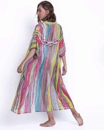 ShaSha dryžuotas paplūdimio kimono su aplikacija Pink wing