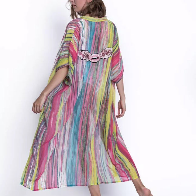 ShaSha dryžuotas paplūdimio kimono su aplikacija Pink wing