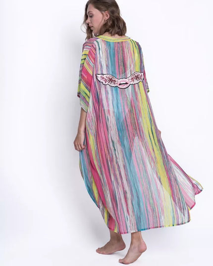 ShaSha dryžuotas paplūdimio kimono su aplikacija Pink wing