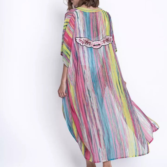 ShaSha dryžuotas paplūdimio kimono su aplikacija Pink wing