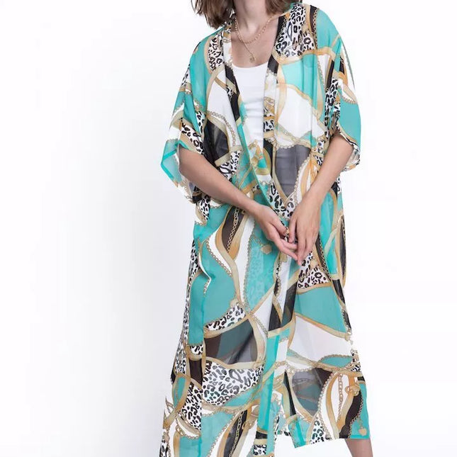 ShaSha margas paplūdimio kimono su aplikacija Tiger