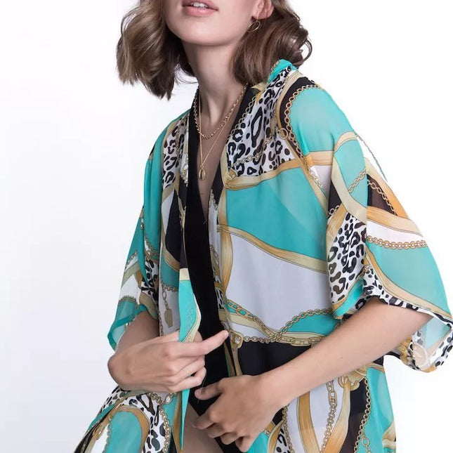 ShaSha margas paplūdimio kimono su aplikacija Tiger