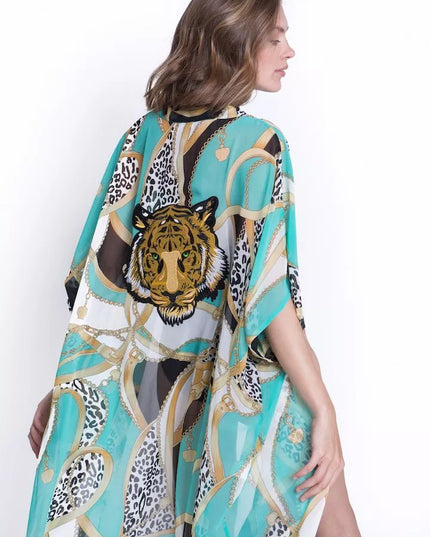 ShaSha margas paplūdimio kimono su aplikacija Tiger