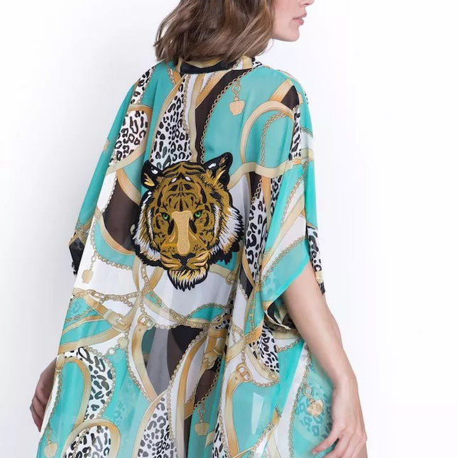 ShaSha margas paplūdimio kimono su aplikacija Tiger