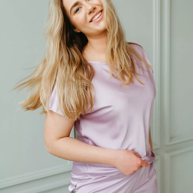 Shasha prabangus ir seksualus LILA moteriškas šviesiai violetinis 2 dalių naktinukų komplektas su šortais