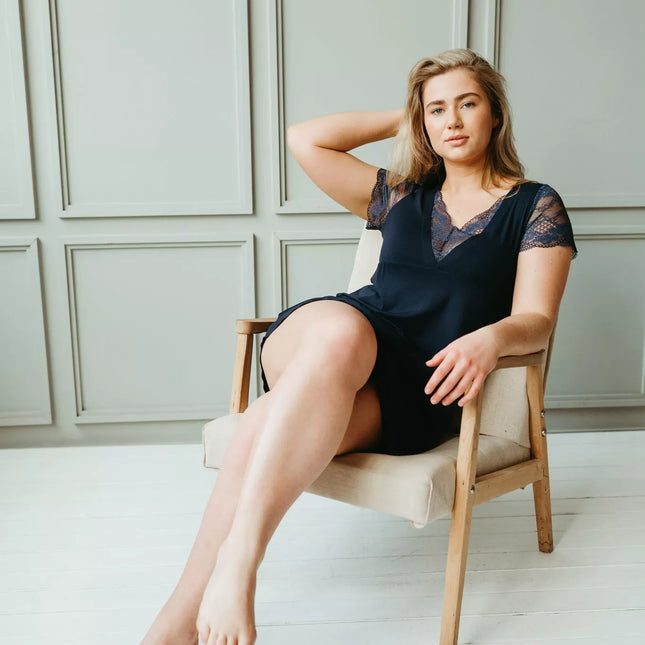 ShaSha viskoziniai tamsiai mėlynos spalvos naktinukai su nėriniais ASTER