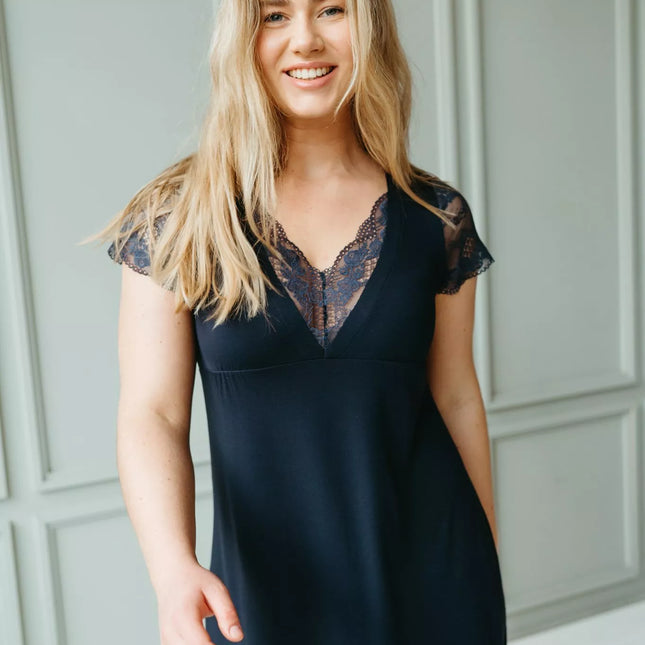 ShaSha viskoziniai tamsiai mėlynos spalvos naktinukai su nėriniais ASTER