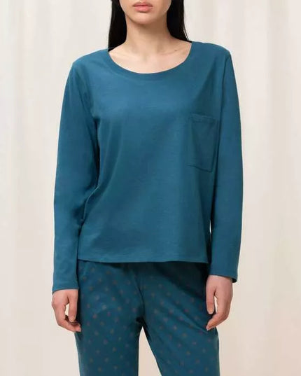 Triumph 44(XXL) 46(XXXL) dydžio melsvos spalvos moteriška medvilninė miego palaidinė Mix Match LSL TOP Chest Pocket 01