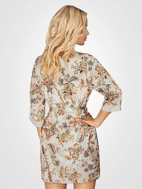 Donna L(40) dydžio smėlio spalvos margintas gėlių raštais moteriškas chalatas Paris